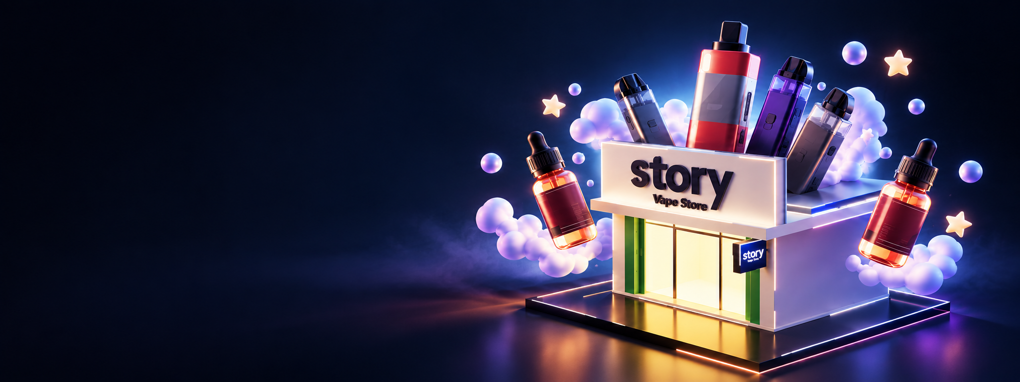 Ilustrasi 3D Story Vape dengan toko, perangkat vape, liquid, dan nuansa gelap